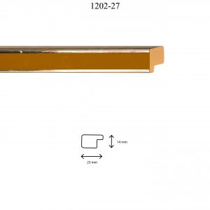 Moldura Lisa de perfil 1202, en acabado PLATA AMARILLO. Tamaño de la moldura 23mm x 14mm.